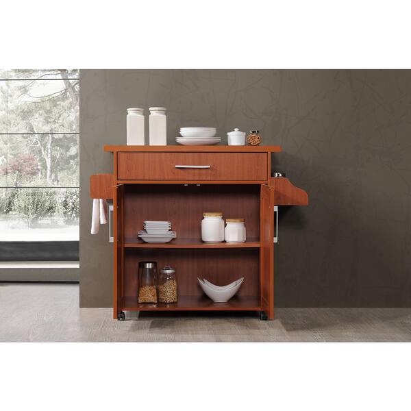 HODEDAH IMPORT Cherry Wheeled Kitchen Island Cart with Spice Rack