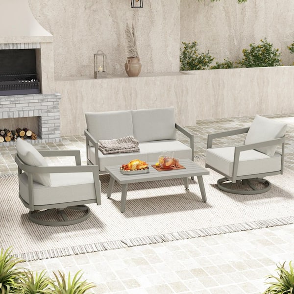 EGEIROSLIFE NovaRest 4-Piece Aluminum Patio Conversation Set with Loveseat, Swivel Chairs, Coffee Table and Gray Cushions