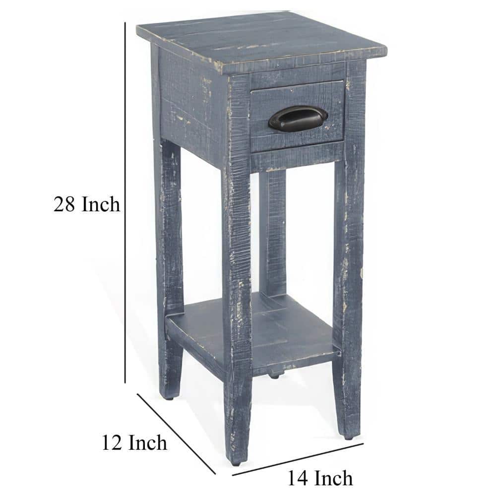 Rena 14" Blue Mahogany Wood Chairside Table with Drawer and Shelf