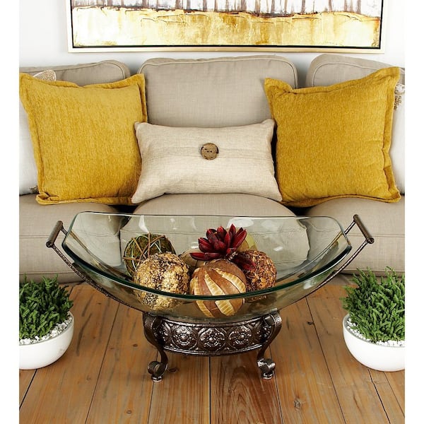 Clear Kitchen Decorative Serving Bowl with Brown Metal Scroll Base