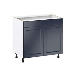 Devon 36 in. W x 24 in. D x 34.5 in. H Painted Blue Shaker Assembled Sink Base Kitchen Cabinet with a False Front