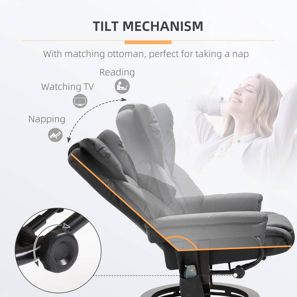 Black Faux Leather Massage Recliner with Ottoman and Metal Base