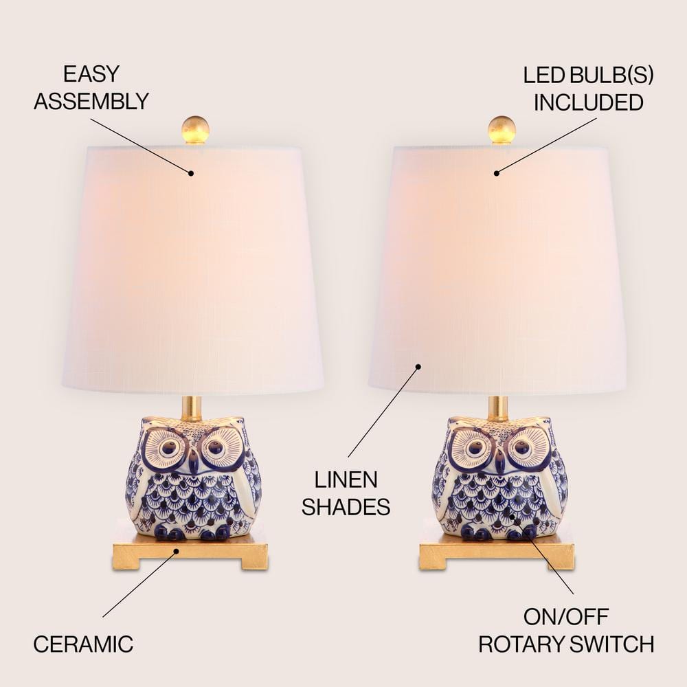 Justina Blue Ceramic Owl Table Lamp Set with White Shade