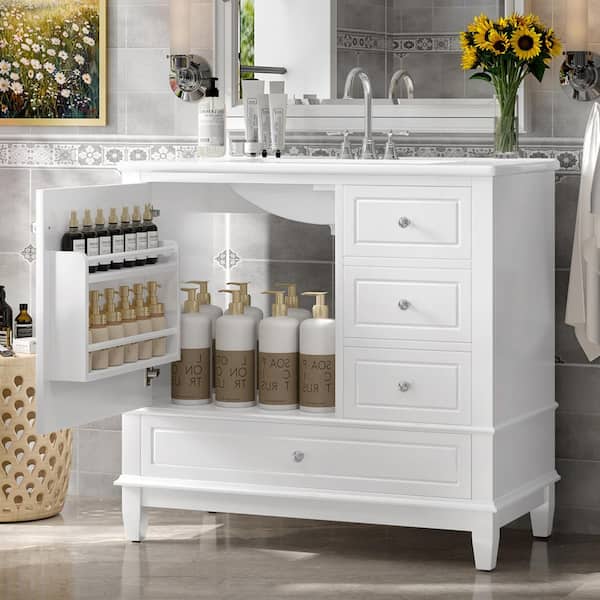 36 in. Single Sink Freestanding White Bath Vanity with White Ceramic Top, 3-Drawers, Door Racks, Soft-Close Hinges