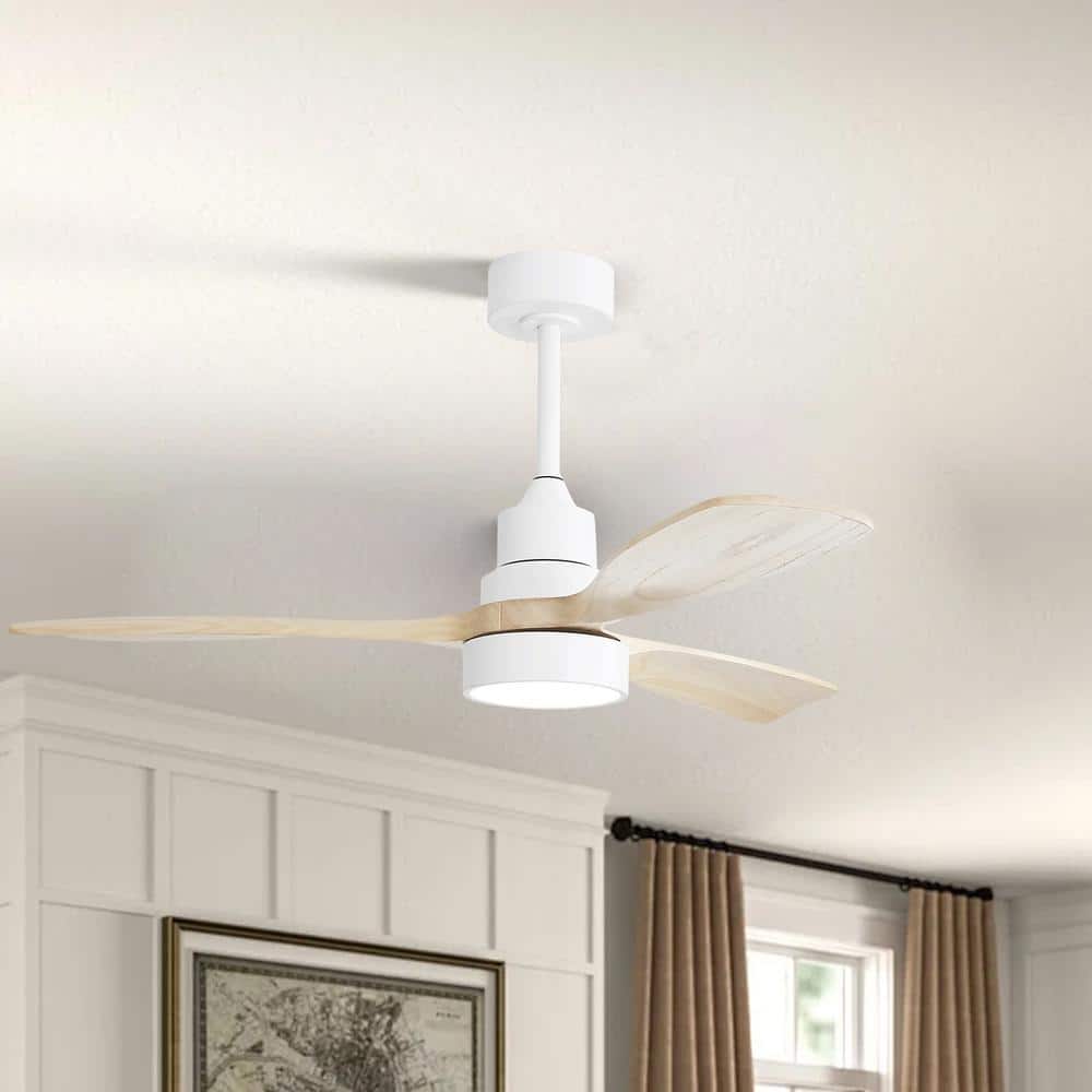 52-Inch White and Natural Wood Ceiling Fan with LED Light and Remote