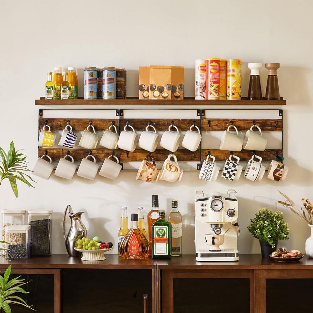 Wudkey 24-Hook Large Coffee Mug Holder, Rustic Wood Coffee Mug Rack ...
