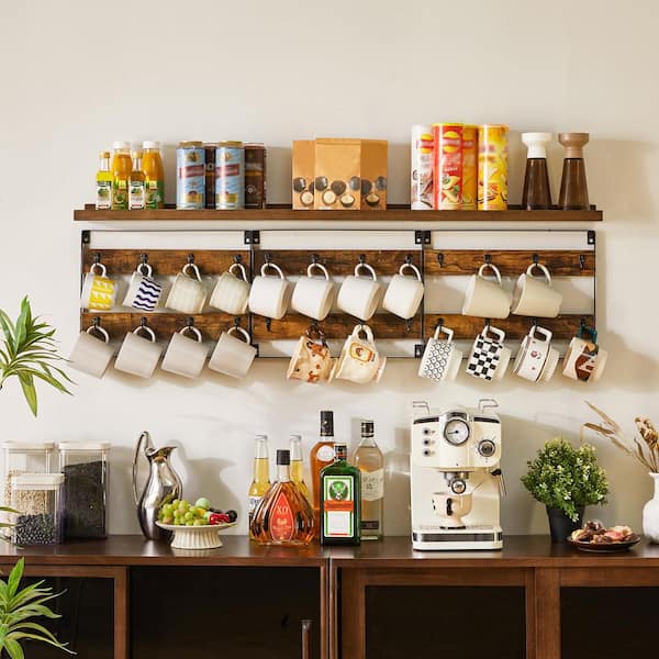 24-Hook Large Coffee Mug Holder, Rustic Wood Coffee Mug Rack Display Organizer for Kitchen, Brown