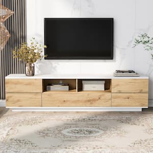 Modern Natural and White Top TV Stand for TVs up to 75 in., Entertainment Center with Storage and Door Rebound Device