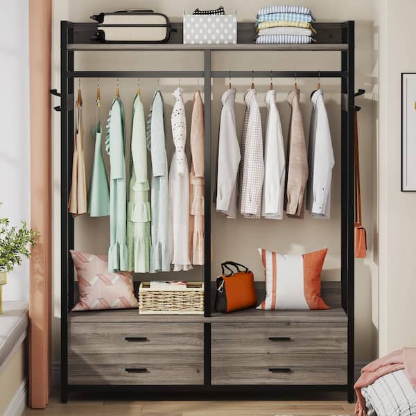 Carmalita Gray Wood 47.2 in. Armoire Closet Clothes Shelf Garment Rack 4 Drawers 8 Hooks Industrial Entryway Hall Tree