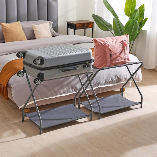 Numhew Gray Luggage Rack with Storage Shelf, Foldable Suitcase