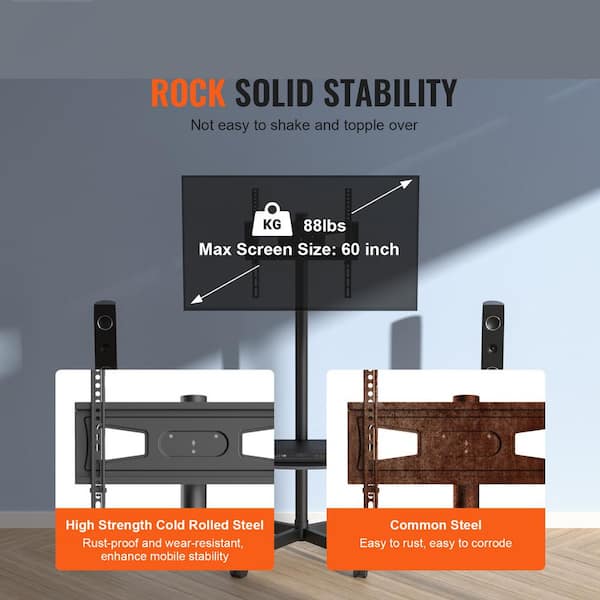 Mobile TV Stand, Height Adjustable TV Cart for 23-60 in TVs, Rolling TV Stand with Tray for Audio Devices, Portable TV