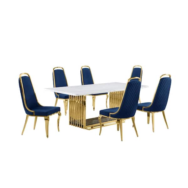 Best Quality Furniture Lisa 7-Piece Rectangle White Marble Top Gold Stainless Steel Dining Set With 6-Navy Blue Velvet Gold Chrome Iron Chairs