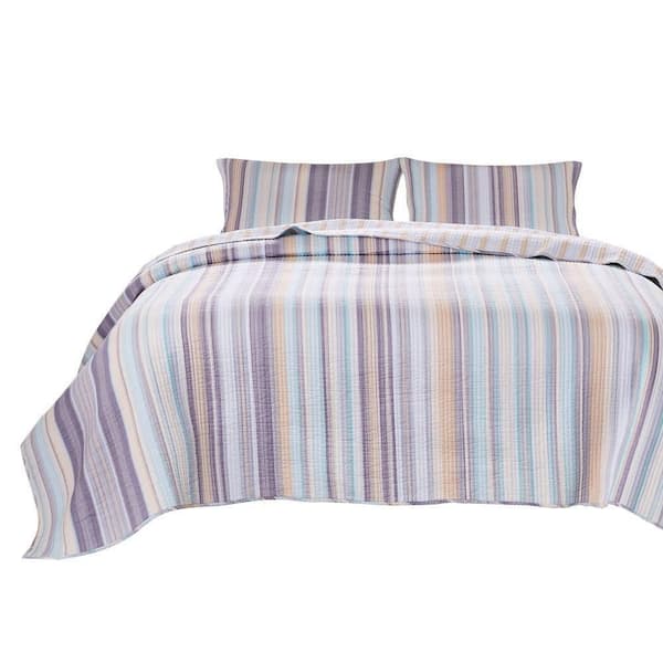 Benjara Ysa 3-Piece Multi-Color Pastel Striped Soft Cotton King Quilt Set