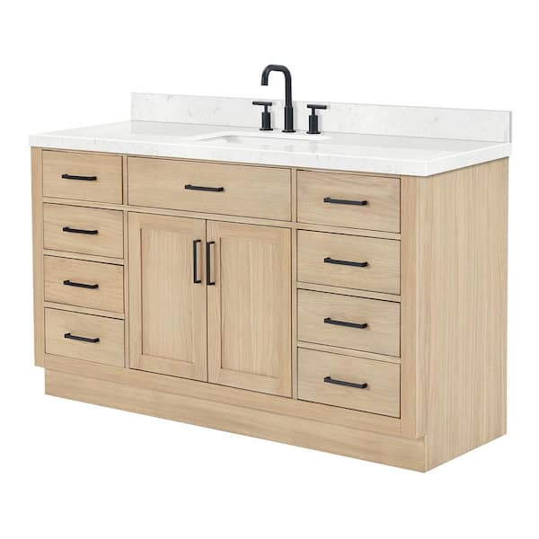Hepburn 60 in. Single Sink Freestanding Bathroom Vanity in Oak with Carrara White Quartz Top