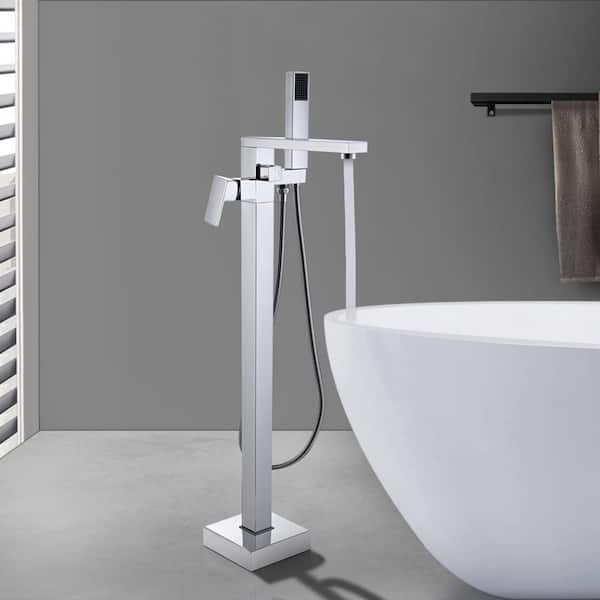 Single-Handle High Flow Floor Mount Freestanding Tub Faucet with Hand Shower in Chrome