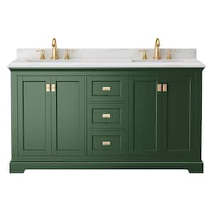 60.6 in. W x 22.4 in. D x 40.7 in. H Double Sink Fully Assembled Freestanding Bath Vanity in Green with White Marble Top