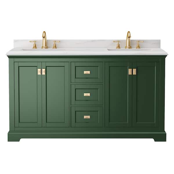FAMYYT 60.6 in. W x 22.4 in. D x 40.7 in. H Double Sink Fully Assembled Freestanding Bath Vanity in Green with White Marble Top