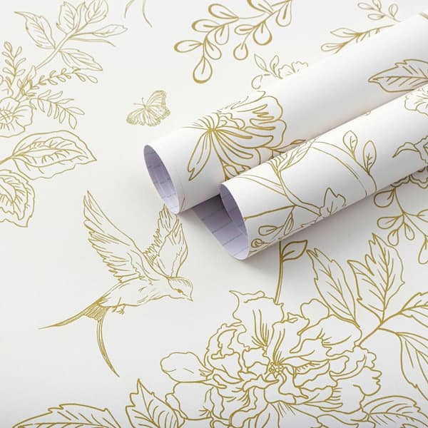 Cream White and Gold Boho Floral Bird Self-Adhesive Removable Peel and Stick Wallpaper Roll