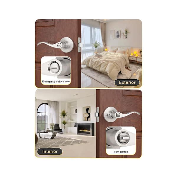 5-Piece Privacy Door Lever in Satin Nickel, Modern Interior Door Knobs Locks, Included Reversible Wave Lever Handle