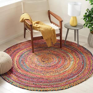 Braided Natural Multi 6 ft. x 6 ft. Border Striped Round Area Rug