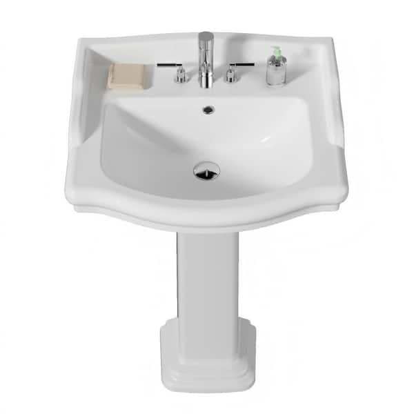 23 in. W x 18.9 in. D Rectangular Vitreous China Bathroom Pedestal Sink Combo in White with Overflow and 3 Faucet Holes