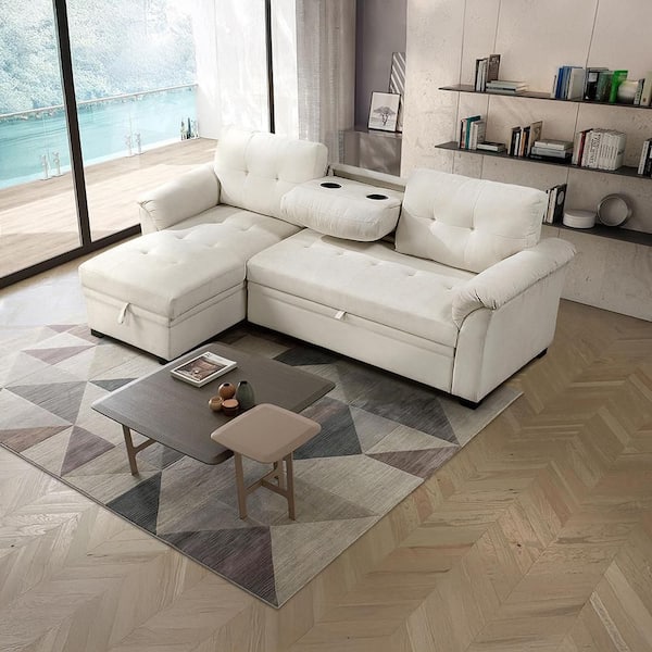 Monterey 86.5 in. Rolled Arm 2-Piece Textured Fabric Upholstery Reversible Sectional Sofa with Chaise in Beige