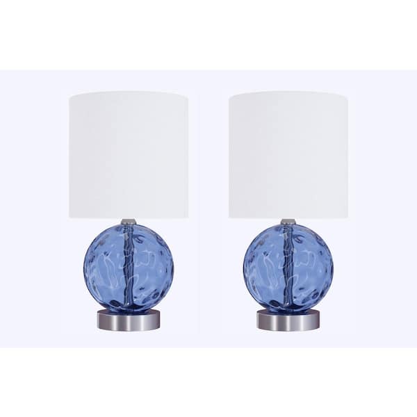 GRANDVIEW GALLERY 14.5 in. Clear Blue Glass Table Lamp with Orb-Shaped Body, Brushed Nickel Accents and Natural Linen Shade (2-Pack)