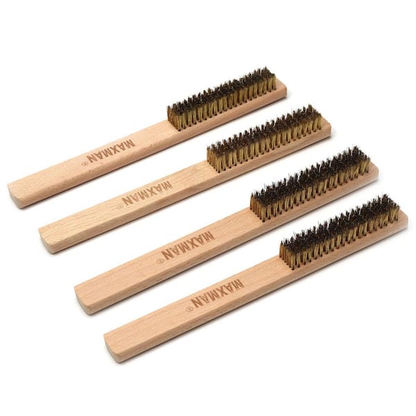KIWDZFU Brass Brush Set 4-Pcs Soft Bristle Wire Brushes with 10 in. Beechwood Handle for Rust Metal Surface Cleaning