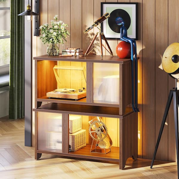 PINMOCO Walnut 55 in. TV Stand for TVs up to 65 in. Modular Entertainment Center with LED Light Ample Storage and Fluted Doors