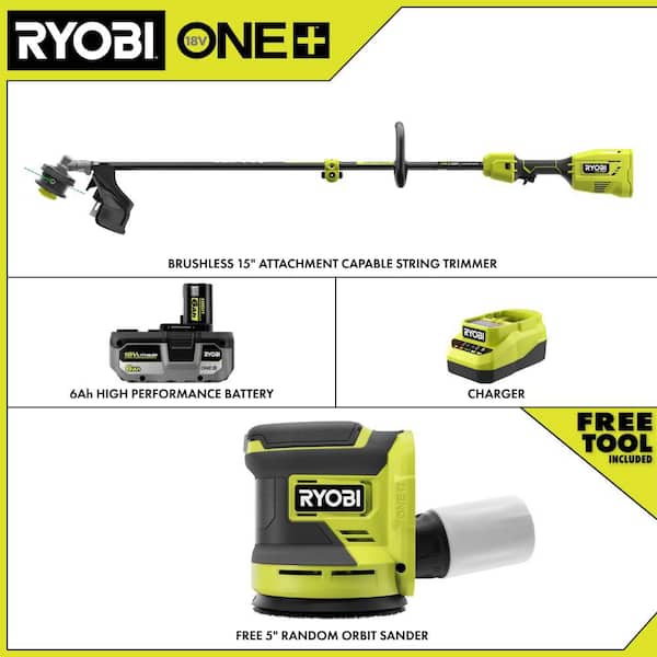 ONE+ HP 18V Brushless 15" Attachment Capable String Trimmer w/ 6.0 Ah Battery, Charger & FREE ONE+ 18V 5" Orbit Sander
