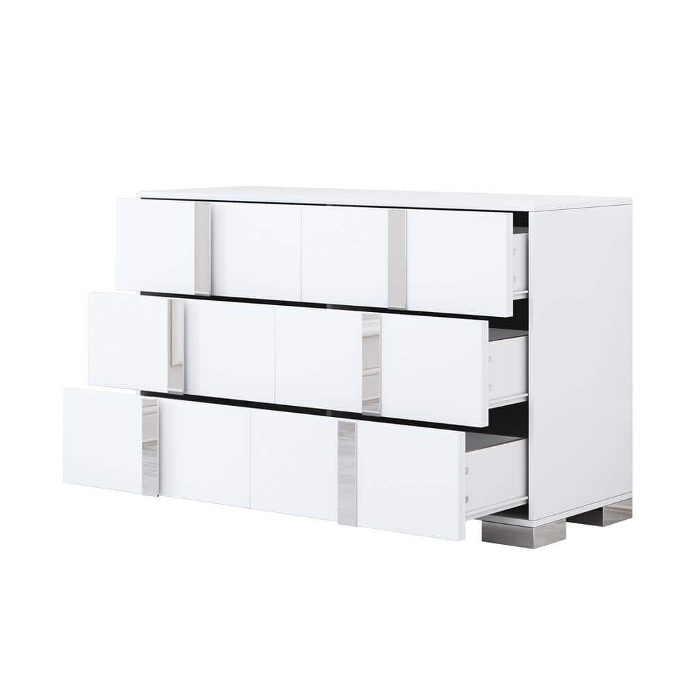 White Mirrored 6-Drawer MDF Modern Dresser with Metal Handles
