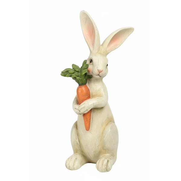 11.7 in. x 5.8 in. Beige Standing Rabbit Figurine with Carrots Resin ...