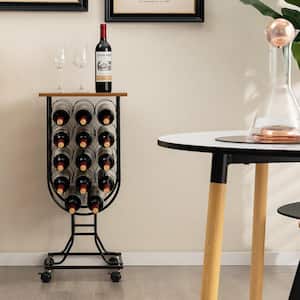 14-Bottles Wine Rack Console Table Freestanding Wine Storage with Woodtop and Wheels