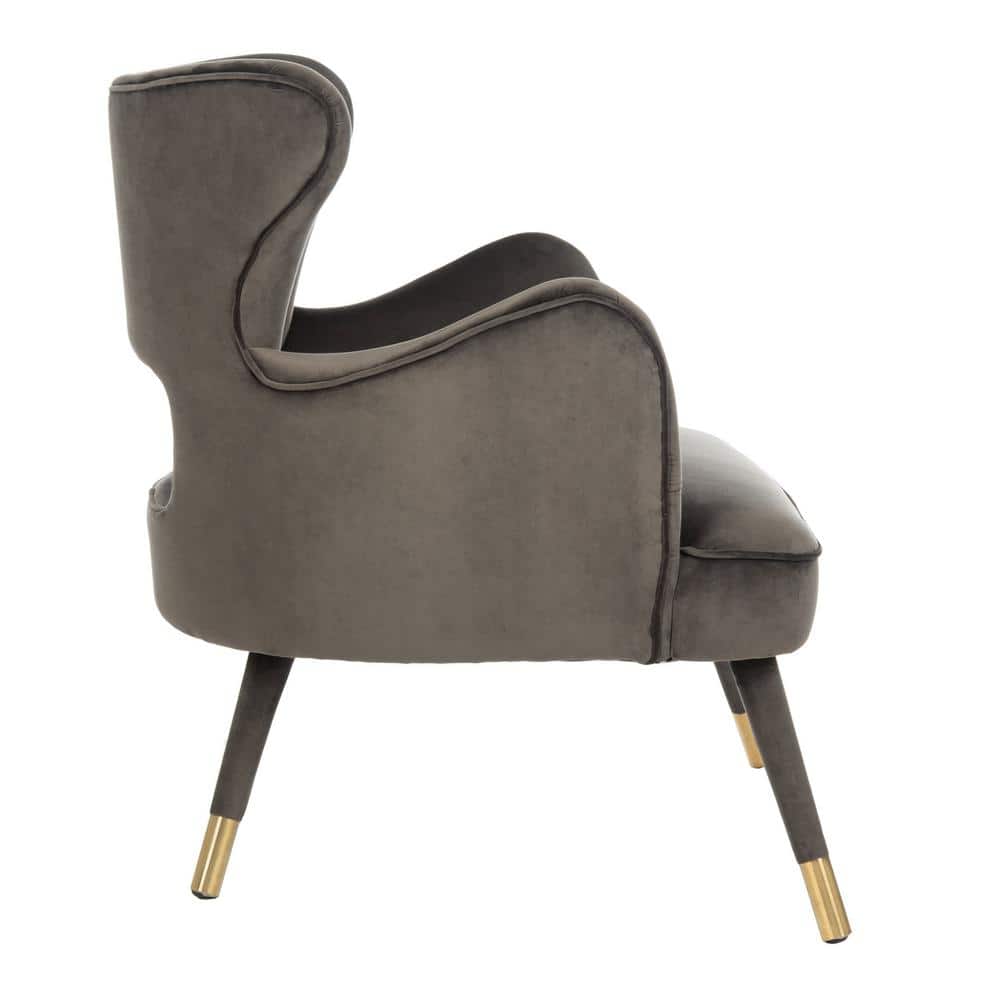 Shale Velvet & Gold-Capped Wood Transitional Accent Chair
