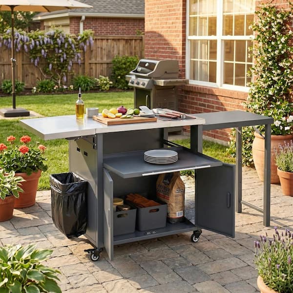 Gray Stainless Steel Top Kitchen Cart with Trash Rack, Foldable Top and Storage Space