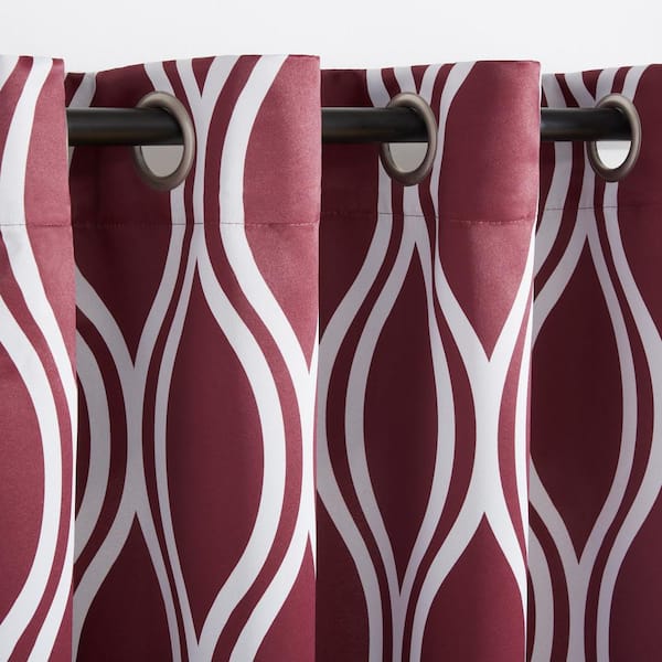 Alfie Burgundy Ogee Room Darkening Grommet Top Curtain, 52 in. W x 96 in. L (Set of 2)
