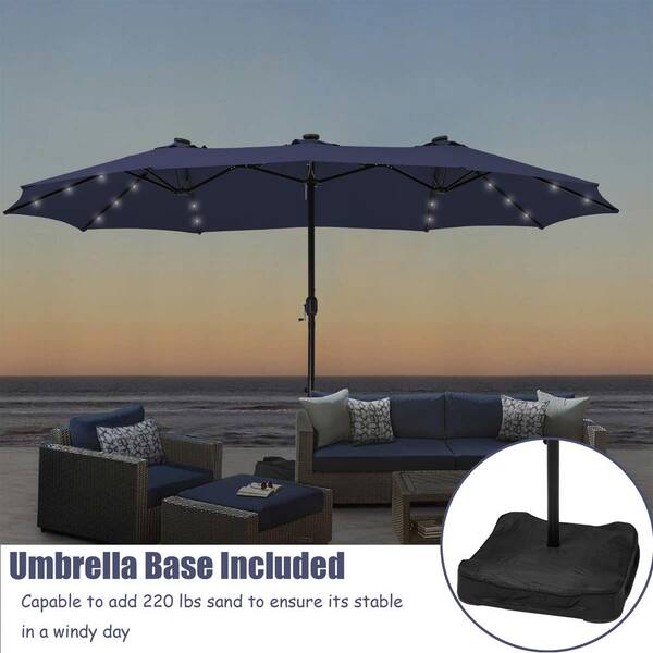 15 ft. Steel Patio Umbrella in Navy, with Base and Solar Lights, Weather-Resistant
