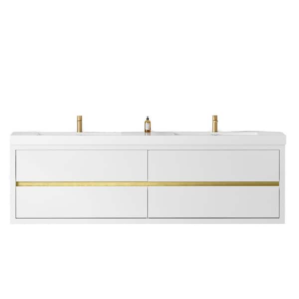 70.87 in. W x 19.69 in. D x 22.44 in. H Wall-Mounted Bath Vanity in Glossy White with White Resin Top