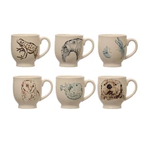 16 oz. Beige Stoneware Beverage Mugs with Animal Print Designs (Set of 6)