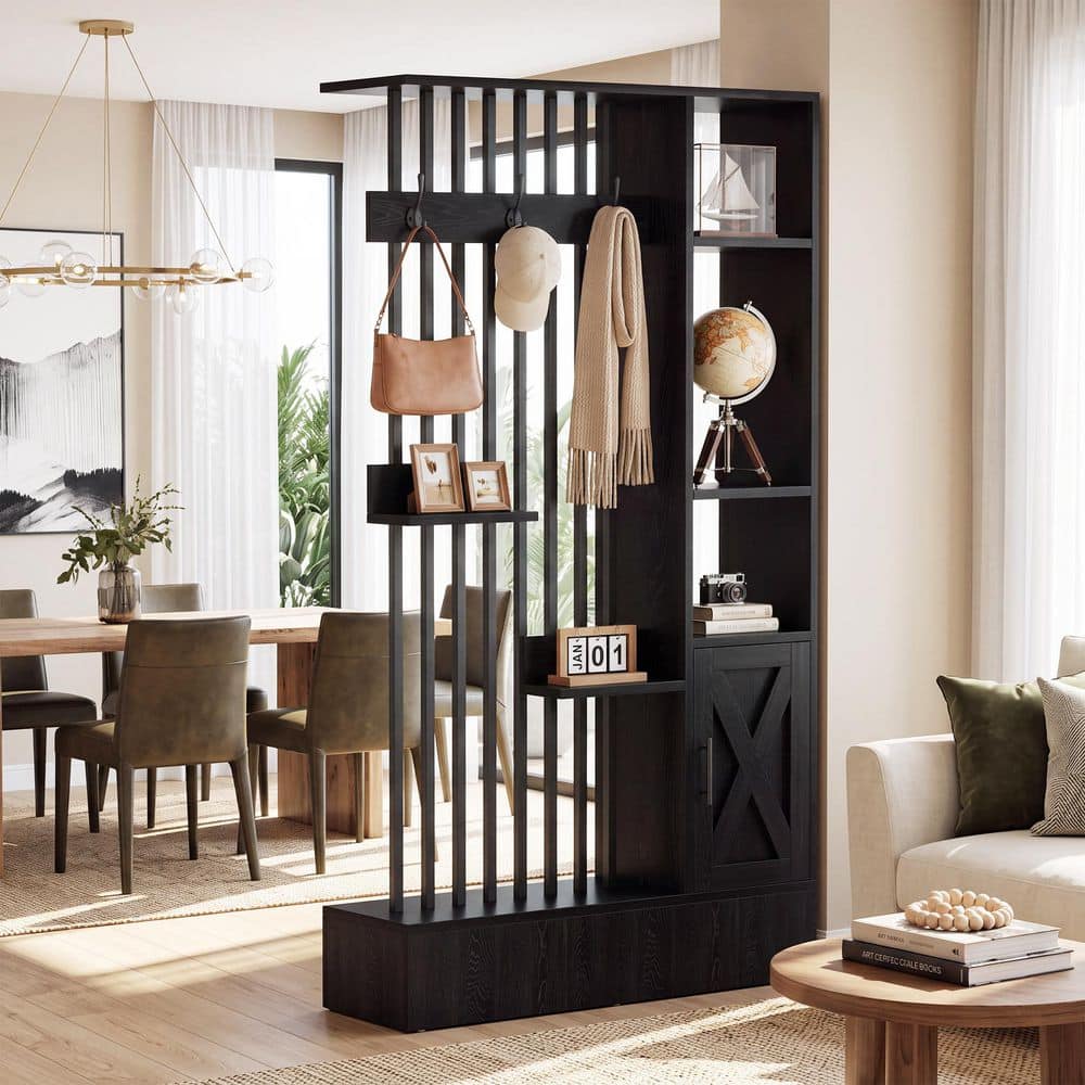 Black 71 in. 1-Panel Room Divider with 5-Shelf, Modern Room Divider with 1 Storage Cabinet 3-Hook, 5-Display Shelf