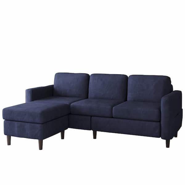ATHMILE 77.9 in. W Square Arm Linen Straight Rectangle Sofa in Blue with Movable Ottoman