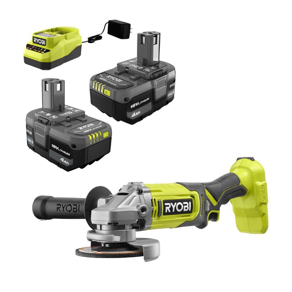 RYOBI ONE+ 18V Lithium-Ion 4.0 Ah Compact Battery (2-Pack) and Charger Kit with Cordless ONE+ 4-1/2 in. Angle Grinder -  PSK006-PCL445B