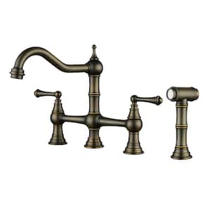 Elegant Double Handle Bridge Kitchen Faucet with Side Sprayer in Antique Bronze