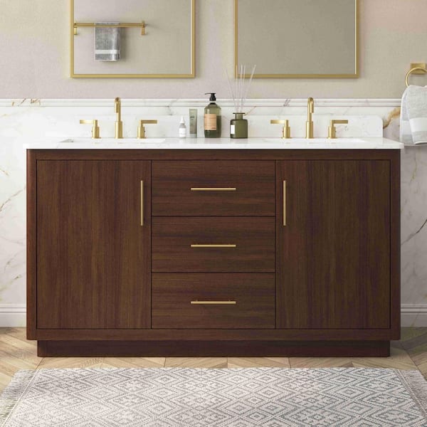 Grisel 61 in. Double Sink Freestanding Brown Bath Vanity with White Engineered Stone Top and Backsplash Assembled