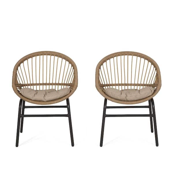 Brown Wicker Outdoor Lounge Chair Club Chairs with Beige Cushions (2-Pack)