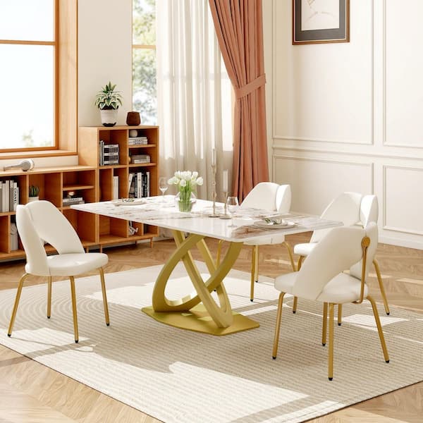 Magic Home White PU Leather Dining Chairs with Gold Stainless Steel Legs (Set of 4)