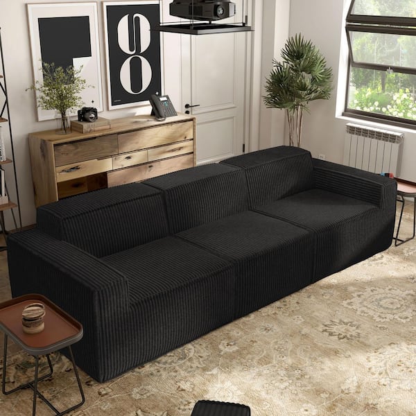 Cadena 112.5 in. Track Arm Chenille Corduroy Rectangle All Foam Modular Sofa in Black