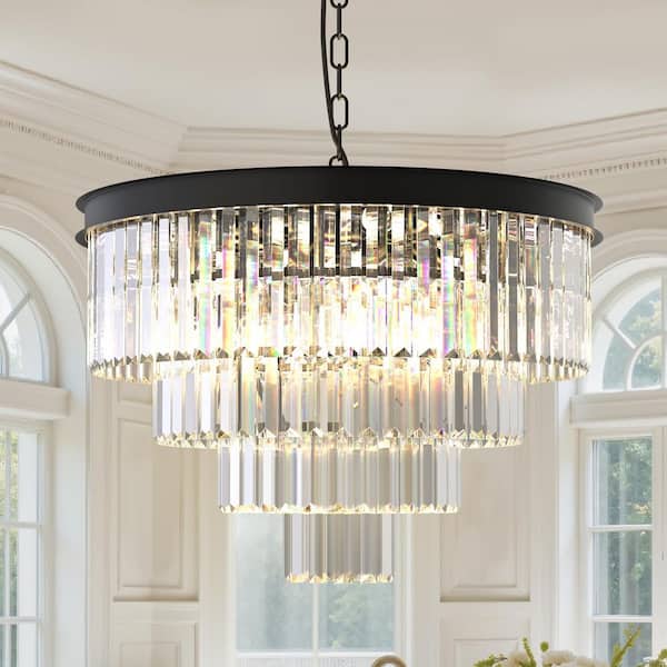 24 in. 12-Light 4-Tier Black Crystal Chandelier, Modern Pendant Ceiling Light for Dining Room, Living Room, Bedroom