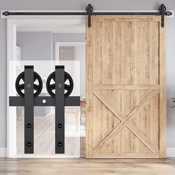 10 ft./120 in. J-Shaped Sliding Single Barn Door Hardware Kit with Large Wheel Rollers