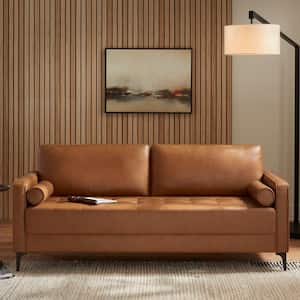 Goodwin 75.6 in. Square Arm Faux Leather Mid-Century Modern Sofa with Bolster Pillows in Caramel Brown